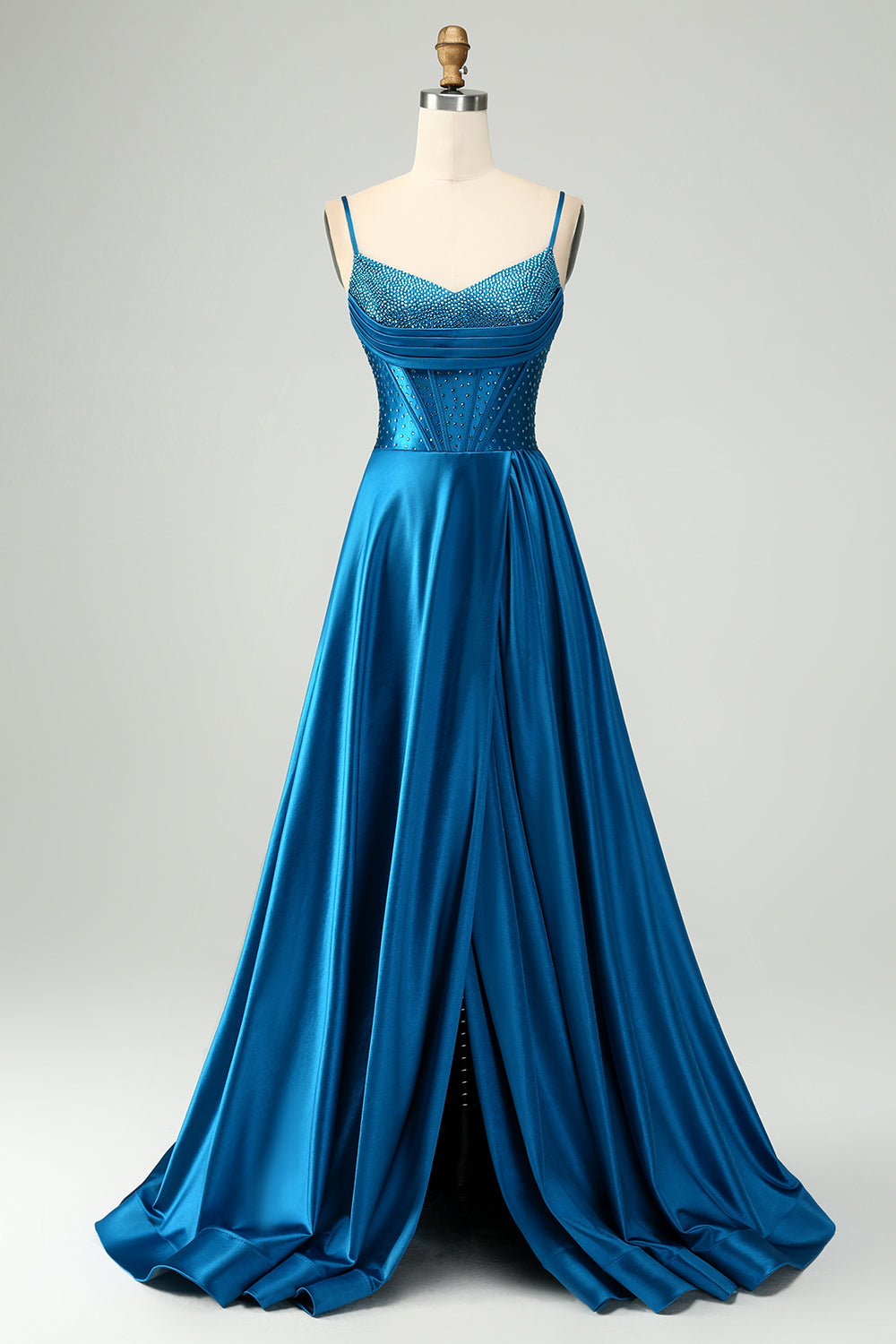 Luolandi Blue A-Line Spaghetti Straps Split Corset Prom Dress With Beading Sexy Evening Dresses